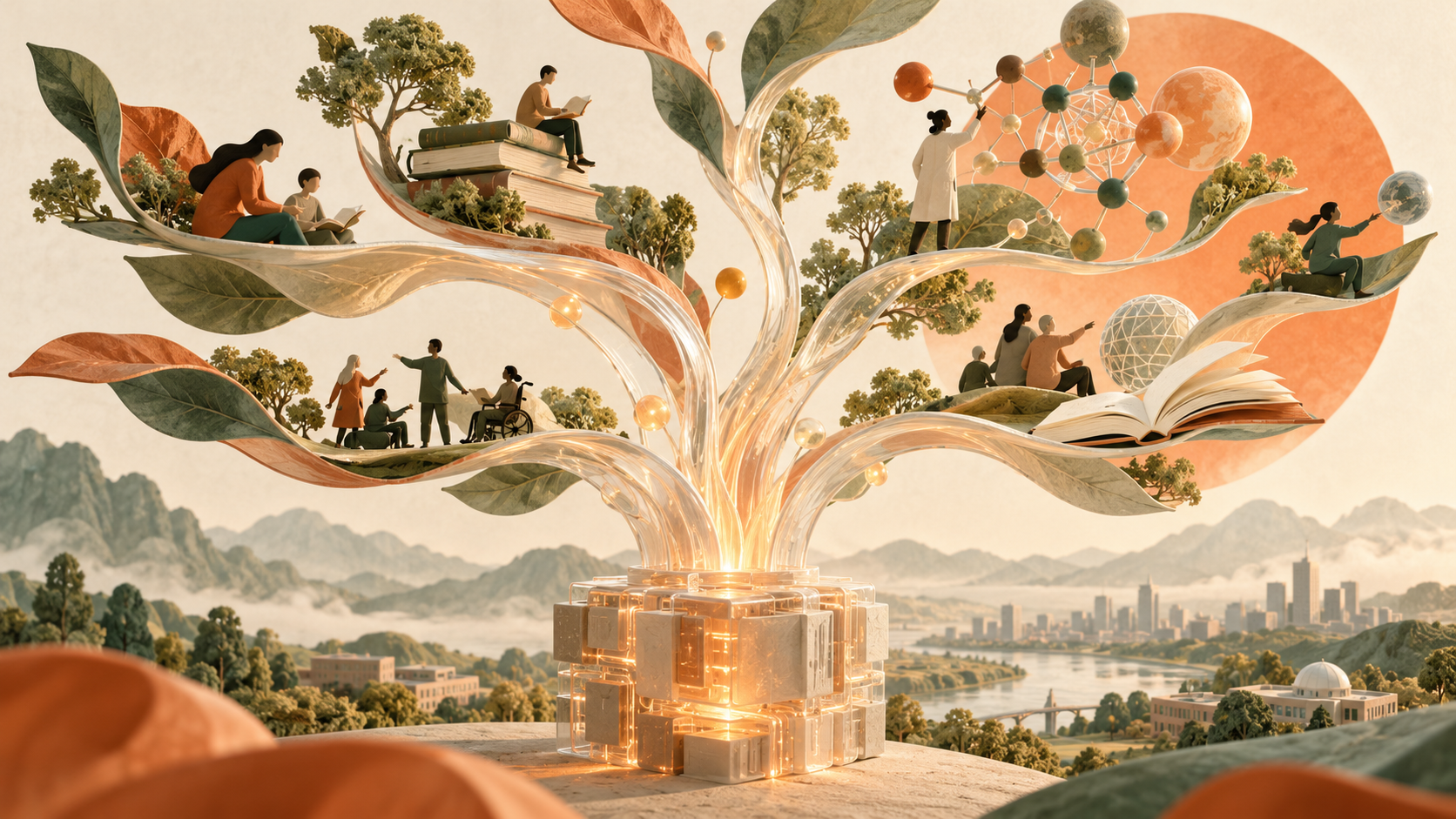 计算核心化作树干,枝叶托起学习和科研场景的原创概念插画