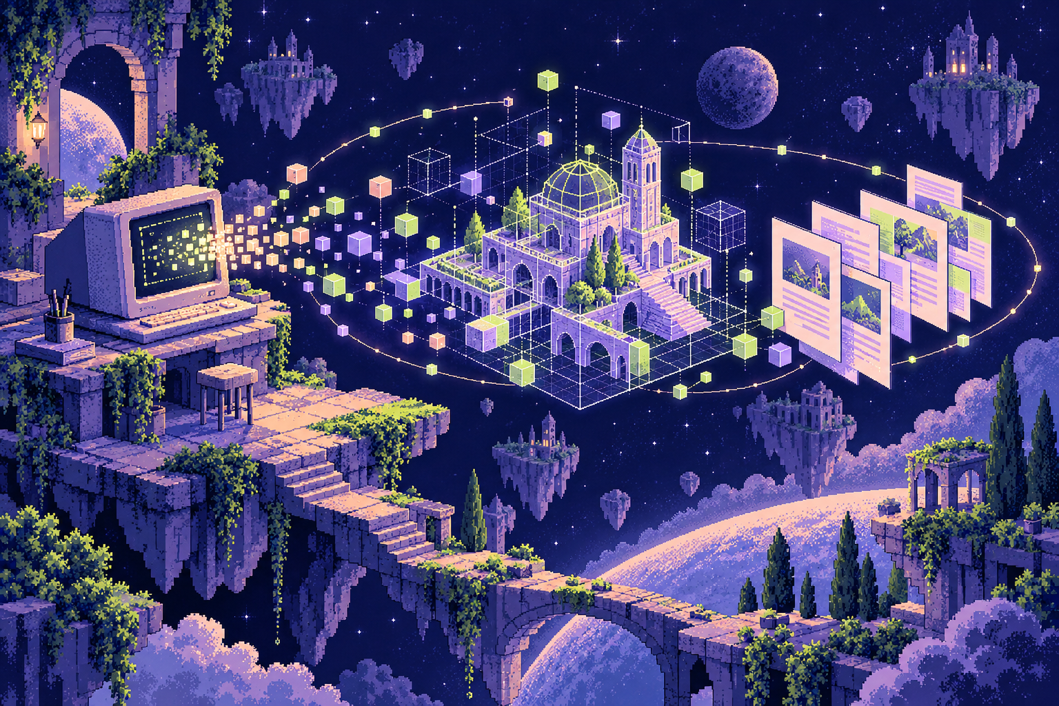 原创像素艺术概念图:终端输出的方块连接三维建筑模型与文档卡片,非Kimi实际界面