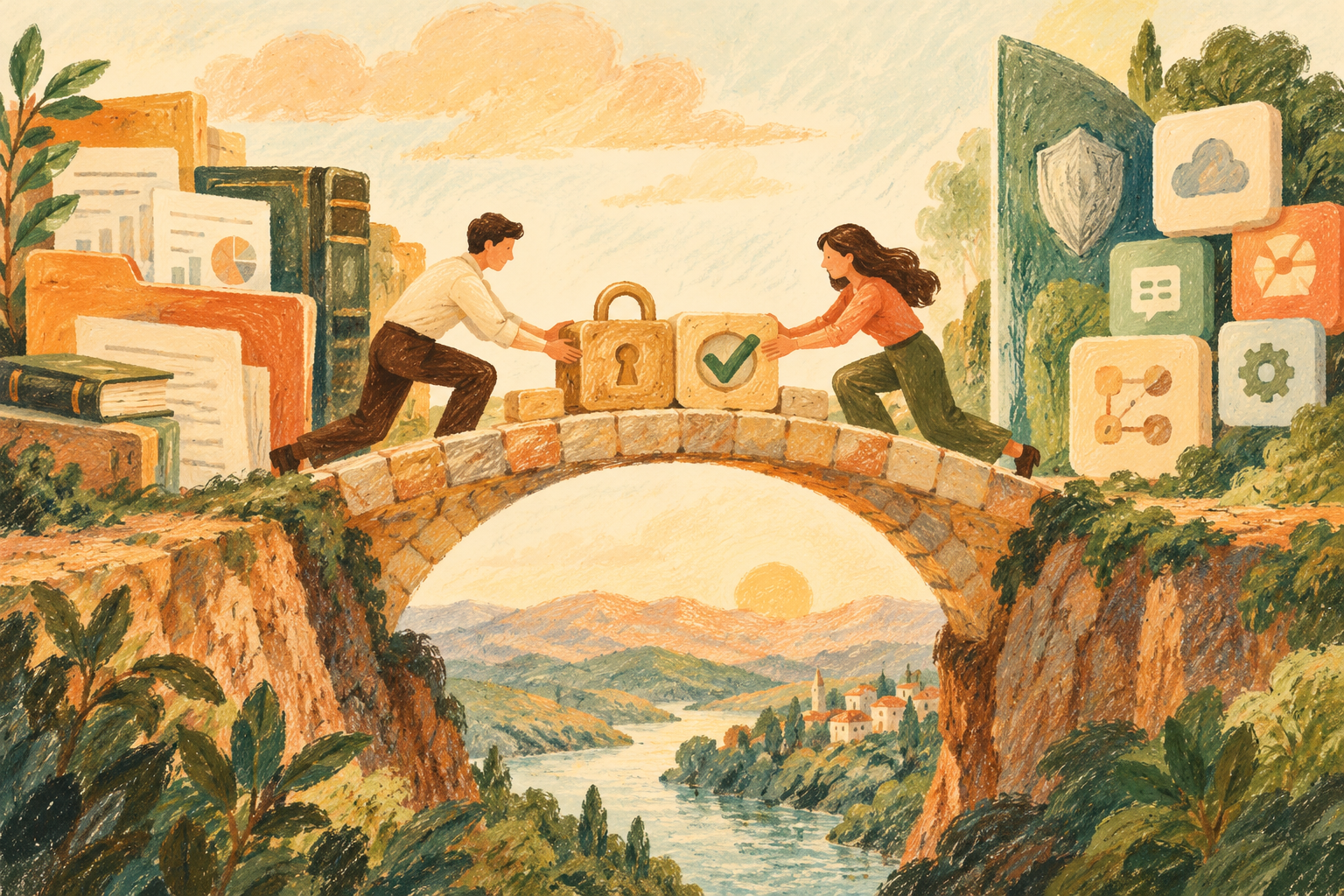 暖色油画棒概念插画：两位员工通过带审批锁的桥梁连接办公文件、应用模块与安全屏障，象征企业AI协作。